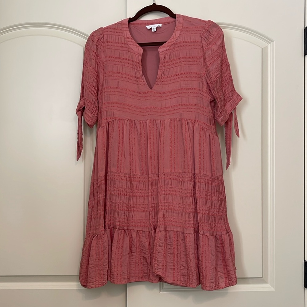 & Merci dress, size Large, rose colored cotton, fully lined, ties on the sleeves